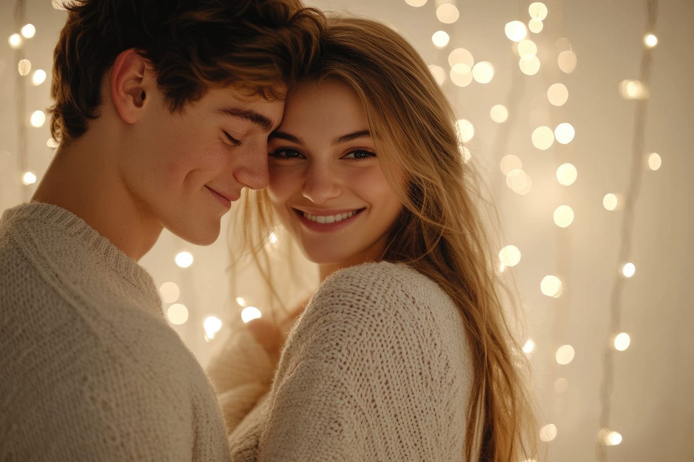 A young couple in love, heads touching, smiles, cozy sweaters, warm fairy lights background.